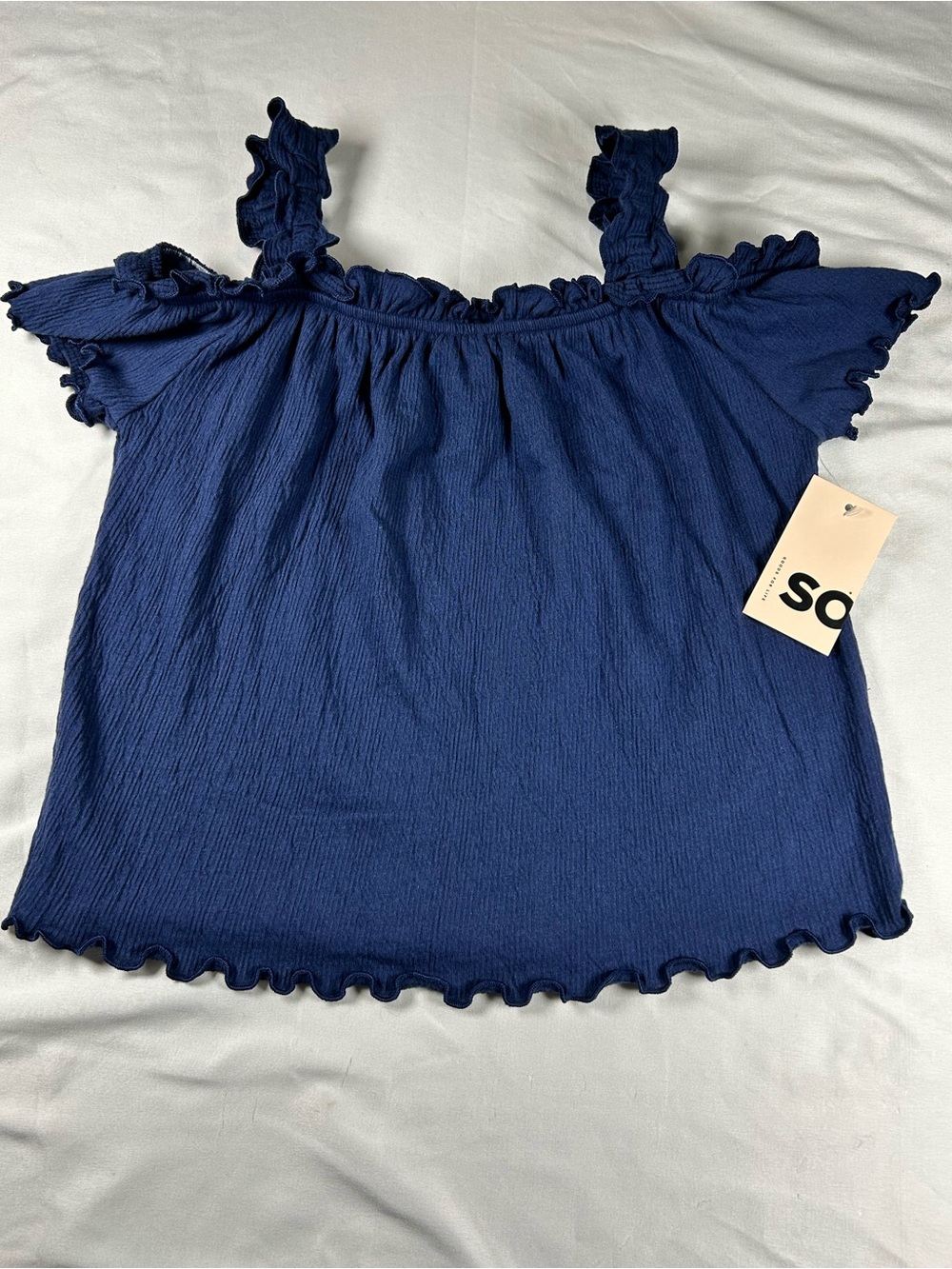 SO Navy Ruffle-Trim Cold Shoulder Top